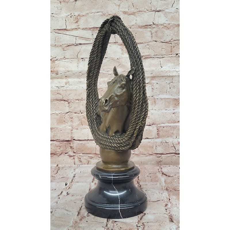 Bronze Horse Head With Braided Lo Sculpture On Marble Base