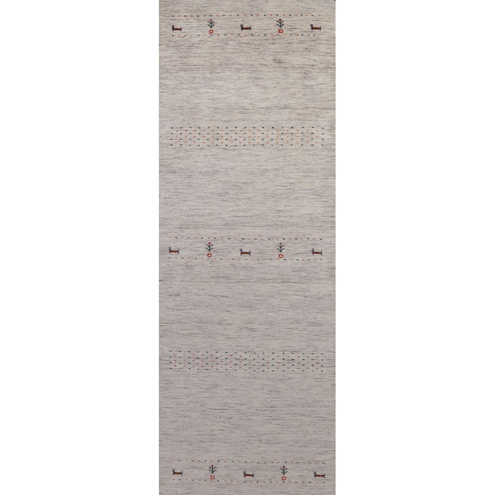 Hand Knotted Oriental 100% Wool Carpet Tribal Animal Pictorial Beige & Ivories Gabbeh Runner Rug - 9' 10'' X 2' 6''