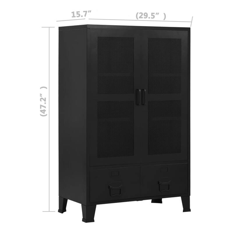 Miry Tall Office Cabinet, 2 Drawers w 2 Mesh Front Doors, Black Steel