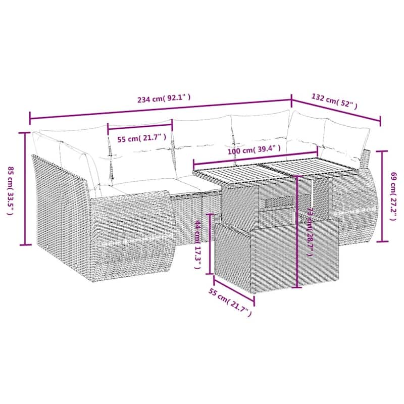 vidaXL Patio Sofa Set with Cushions Outdoor Furniture 7 Piece Poly Rattan - 24.4 x 24.4 x 27.2