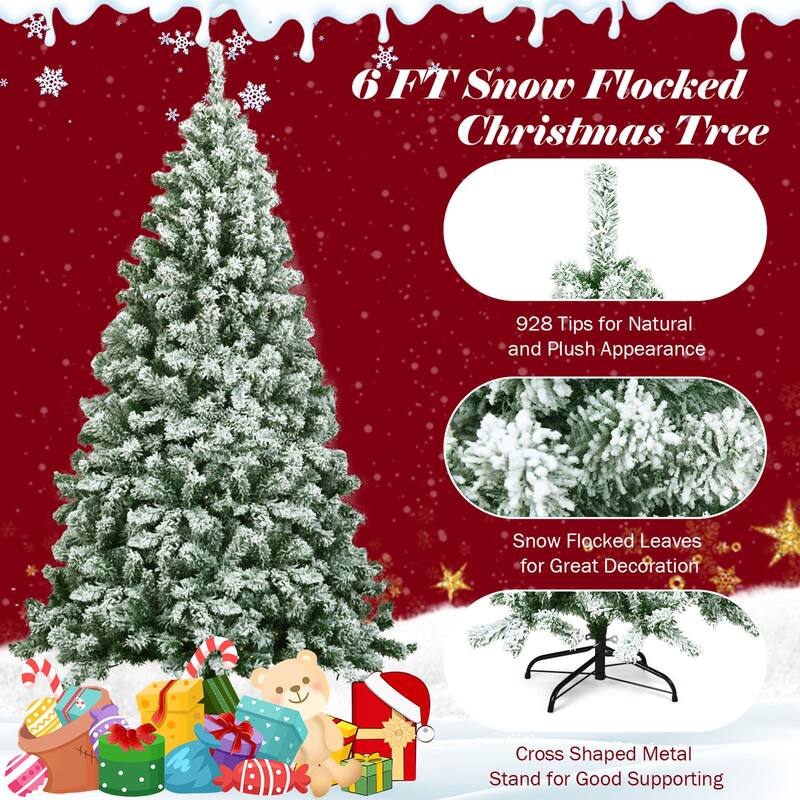 Gymax 6ft Snow Flocked Christmas Tree Hinged Artificial Pine Tree w/ - See Details