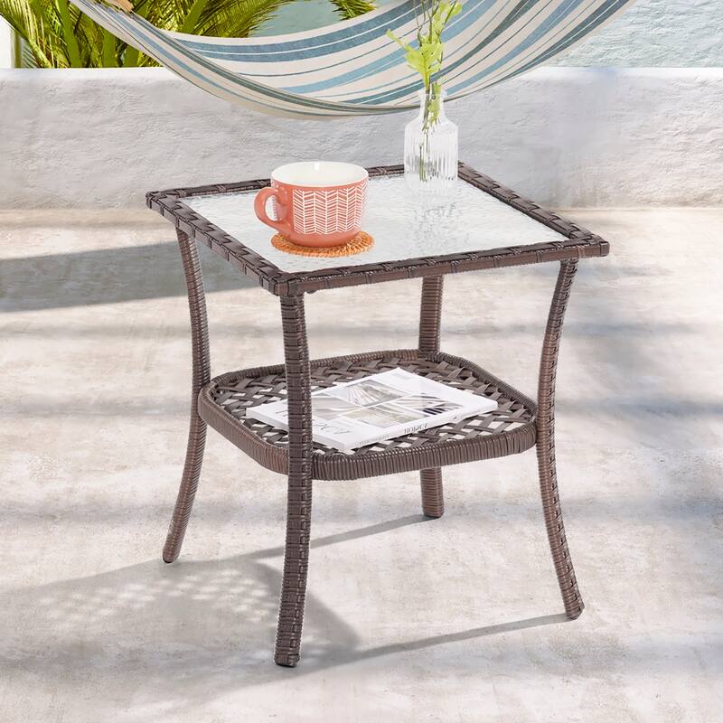 LIVOOSUN Patio Water Rippled Glass Side Table Rattan Coffee Table - Teak