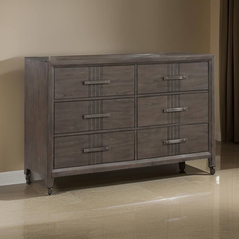 Wali 62 Inch Dresser, 6 Drawer, Black Handles, Modern Walnut Brown Finish