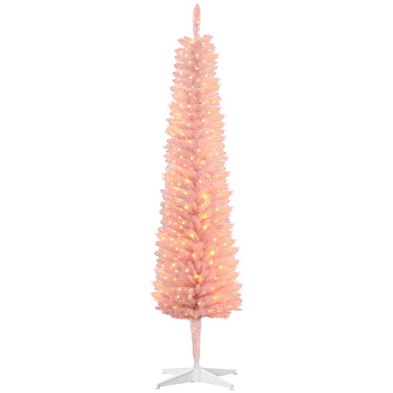 HOMCOM Pre-Lit Pencil Christmas Tree - Colorful Surface Branches, LED Lights, Pink