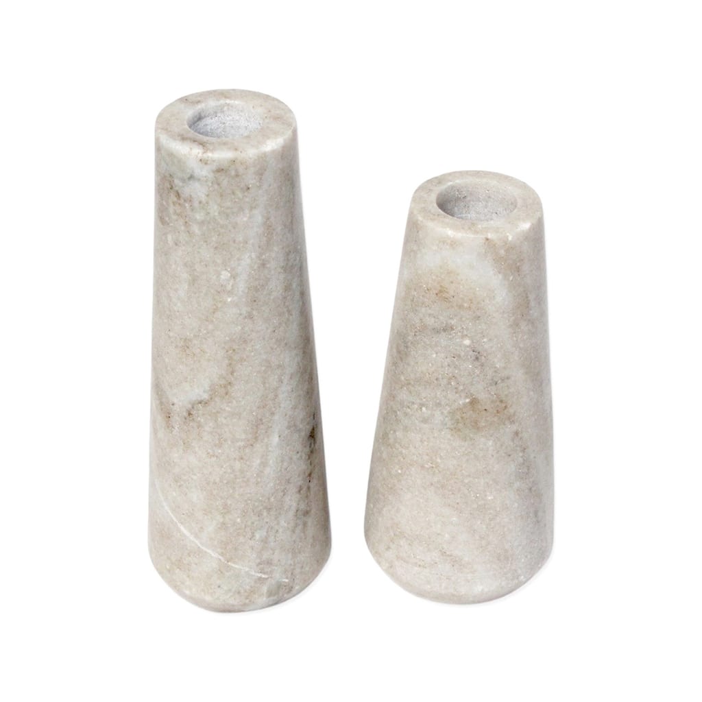 Set of 2 Beige Marble Taper Candle Holders - Beige