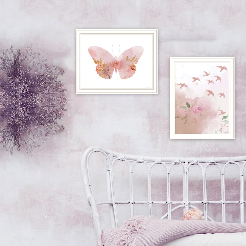 2-Piece Framed Wall Art Set - Meadow Flora Birds and Butterflies, Abstract - White