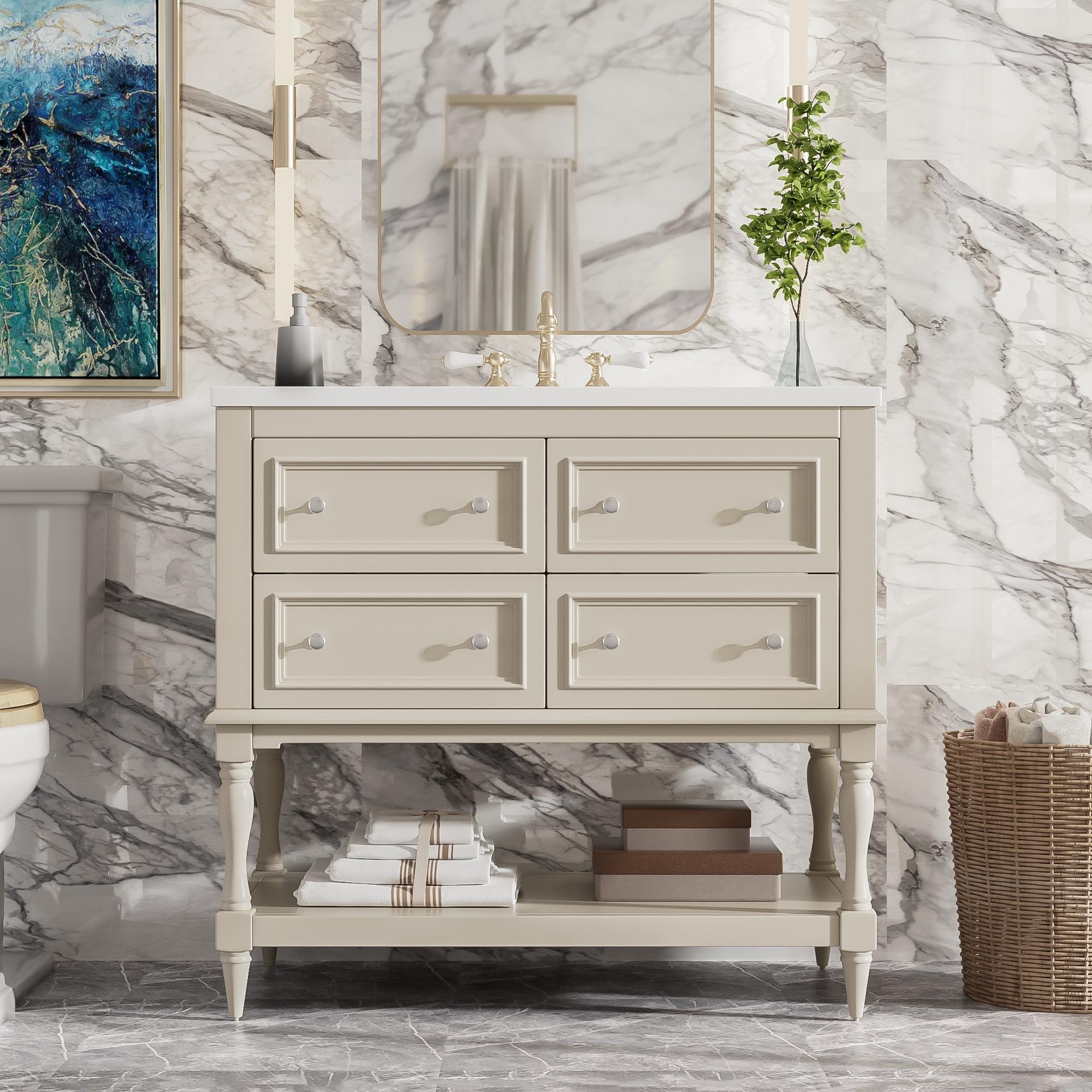 GDFStudio - Wesbridge Modern 36" Freestanding Bathroom Vanity with Ceramic Sink, Soft Close Hinges and 4 Storage Drawers - 36'W