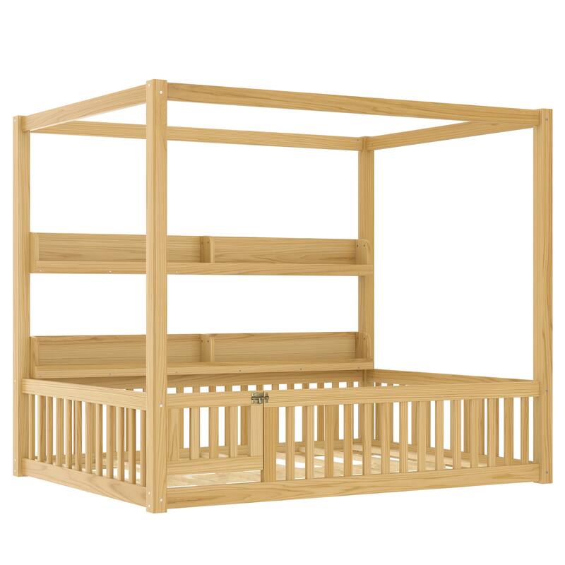 Montessori-Inspired Design Canopy Bed Kids Solid Wood Floor Bed Frame with Built-in Storage Shelves and Child-Safe Guardrails
