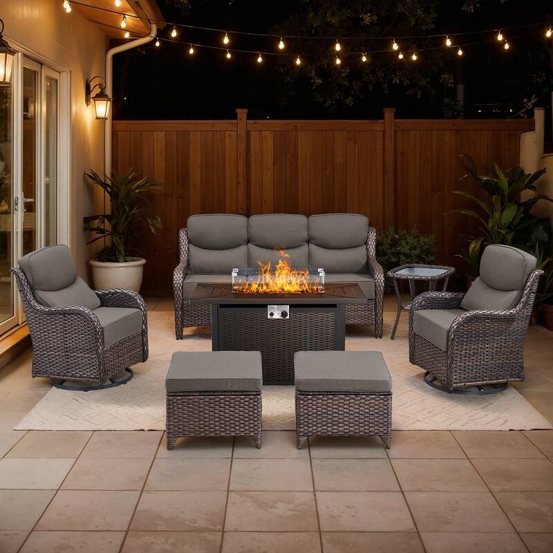 Gymojoy 7-Piece Wicker Patio Furniture Sofa Set with Fire Pit Table, 6-Inch Thick Cushion Swivel Glider Chairs & Ottomans - Brown Wicker / Gray Cusion - 7-Piece