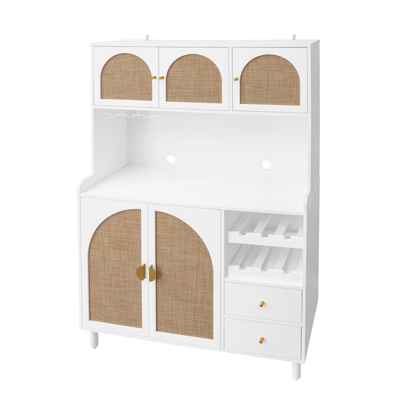 Roomfitters Accent Storage Cabinet with Rattan Doors, Buffet Sideboard with Wine Rack and Drawers, White