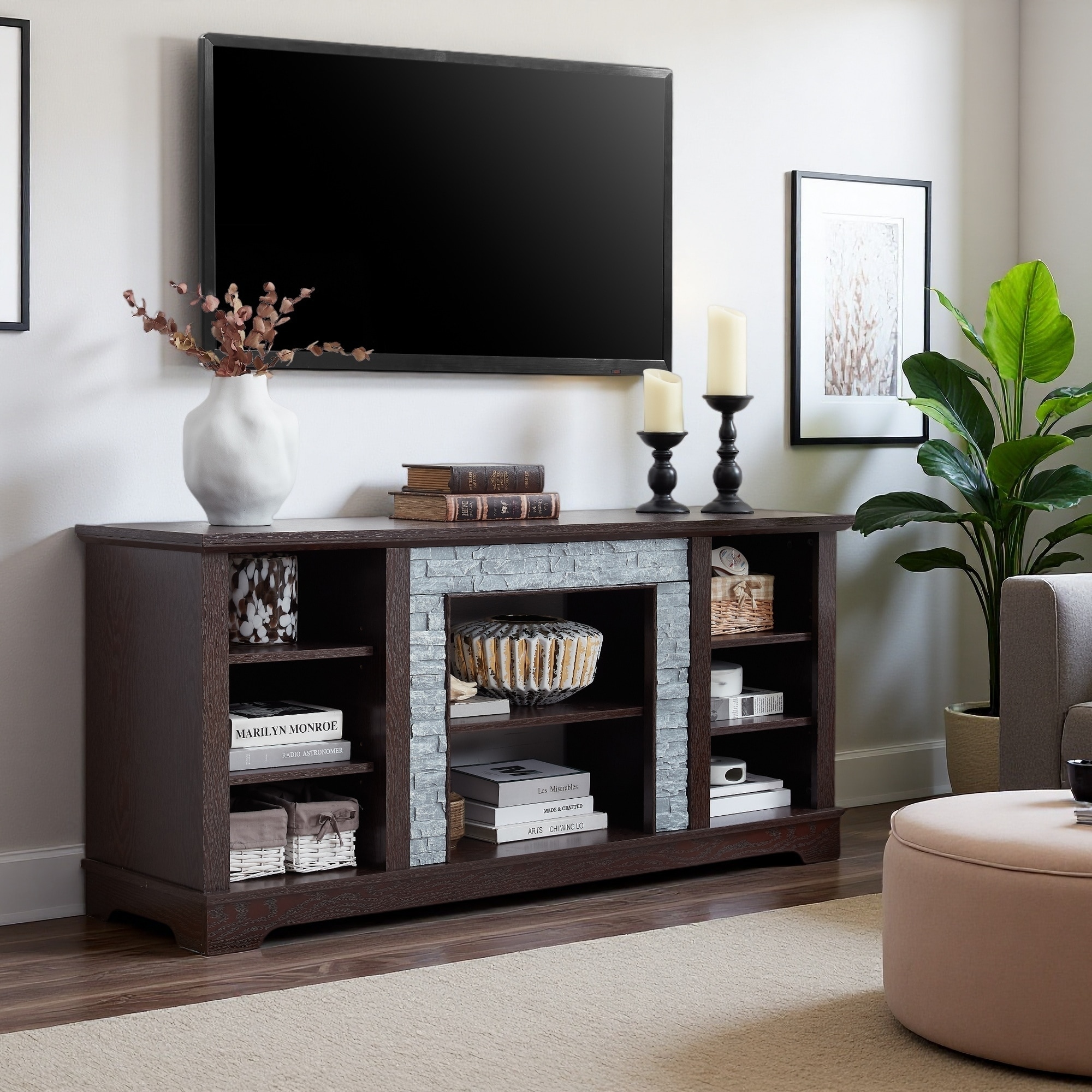 58" Modern TV Media Stand with Faux Stacked Stone Surround, Entertainment Console with Open Storage Shelves