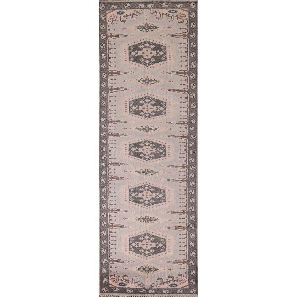 Geometric Kazak Runner Rug Hand-Knotted Grey Wool Carpet - 2'7"x 9'10"