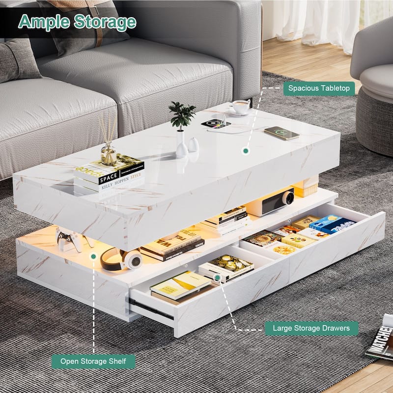 Smart LED Coffee Table 47.2" with Bluetooth Speaker & Wireless Charging, Modern White Marble Center Table