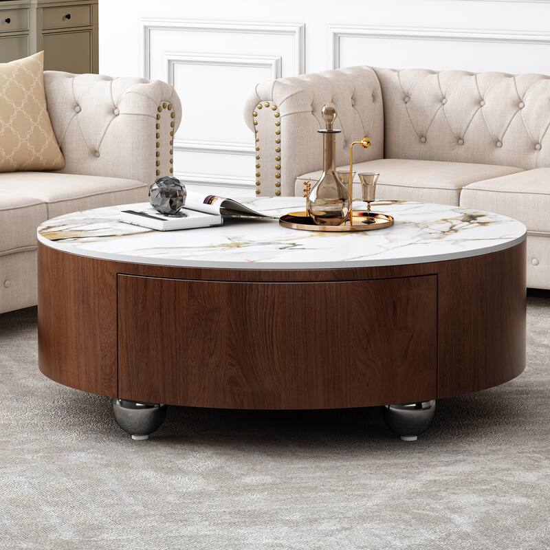 Modern Round Coffee Table with Imitation Marble Tabletop 2 Drawers and 4 Stainless Steel Legs, for Living Room