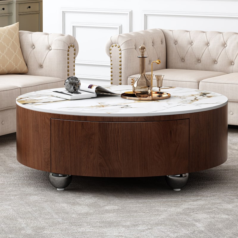 Round Coffee Table Wood Center Table with Faux Marble Tabletop, Hidden Storage Drawers and Brushed Stainless Steel Legs