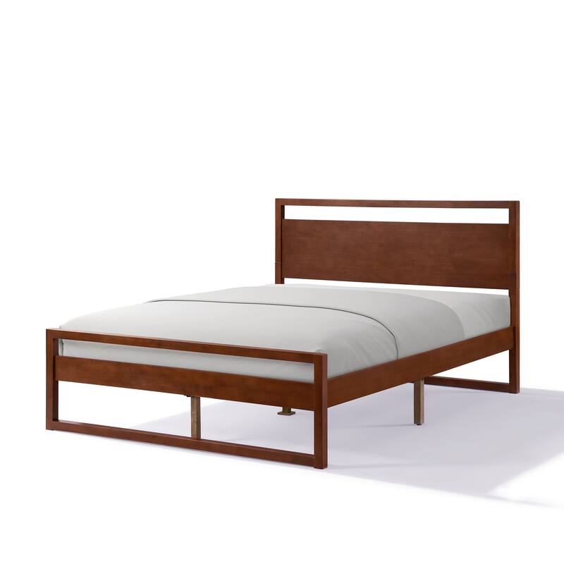 Roomfitters Queen Platform Bed Frame with Headboard, Solid Wood Mid-Century Mattress Foundation, 800lb Capacity, Walnut