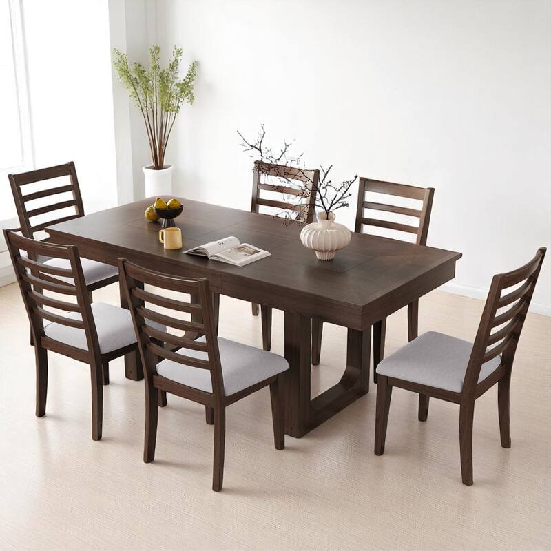 Rustic 7 Piece Dining Set with Expandable Table and 6 Upholstered Chairs, Extendable Farmhouse Table to 78" - Brown