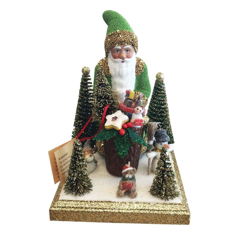 8.25" Green, Beige, and Red Handcrafted Santa Green with Gifts Schaller Paper Mache