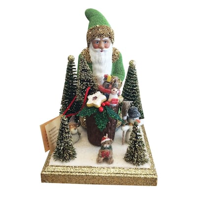 8.25" Green, Beige, and Red Handcrafted Santa Green with Gifts Schaller Paper Mache