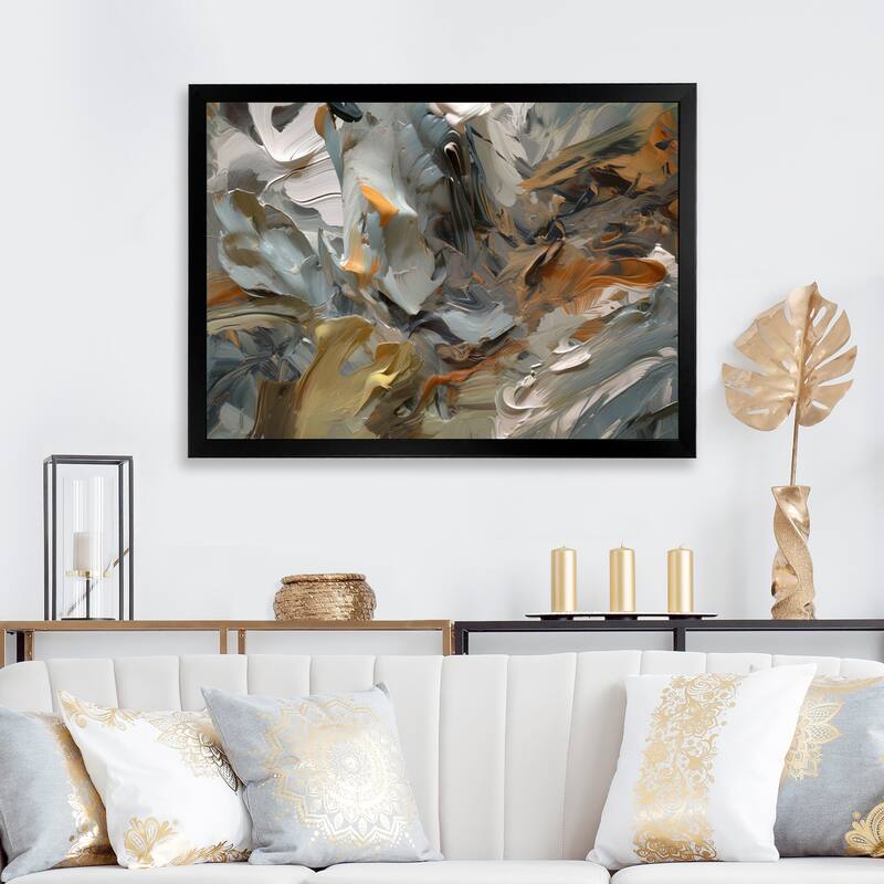 Designart "Autumn Jazz Abstract Expressionism" Abstract Painting Framed Canvas Prints - 44 in. wide x 34 in. high - Black