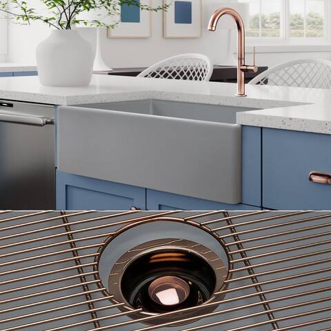 Fossil Blu 33-Inch SOLID Fireclay Farmhouse Sink, Matte Gray, Polished Rose Gold Accessories, Flat Front - 33 x 20 x 10