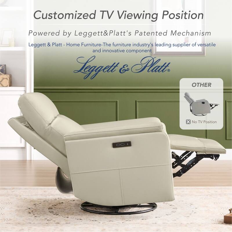 Spruce & Spring Genuine Leather Swivel Glider Recliner with Adjustable Headrest