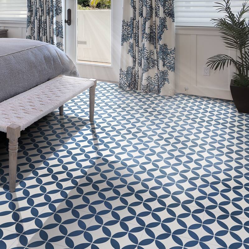 Amlo Handmade Cement Tile, 8x8, White-Navy