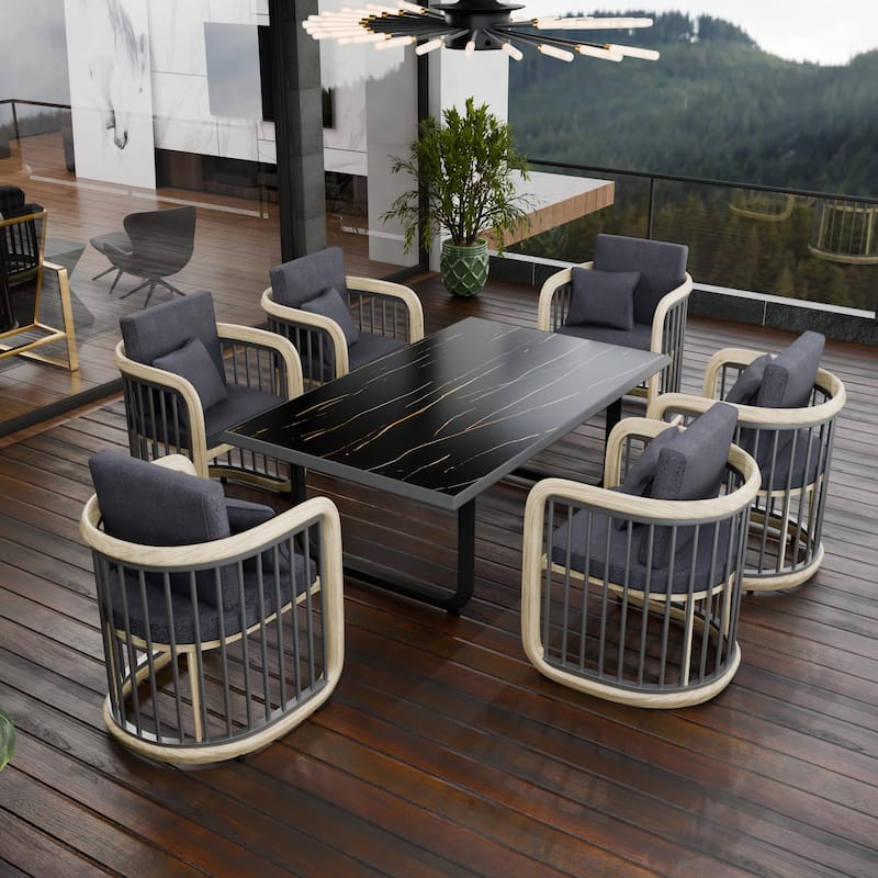 Klyra Outdoor Patio 7-Piece Dining Set Rectangular Dining Table and 6 Dining Arm Chairs in Aluminum with Olefin Cushions
