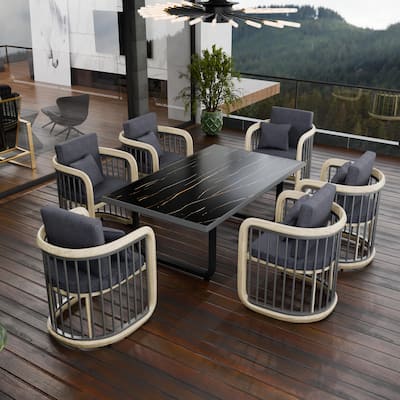Klyra Outdoor Patio 7-Piece Dining Set Rectangular Dining Table and 6 Dining Arm Chairs in Aluminum with Olefin Cushions