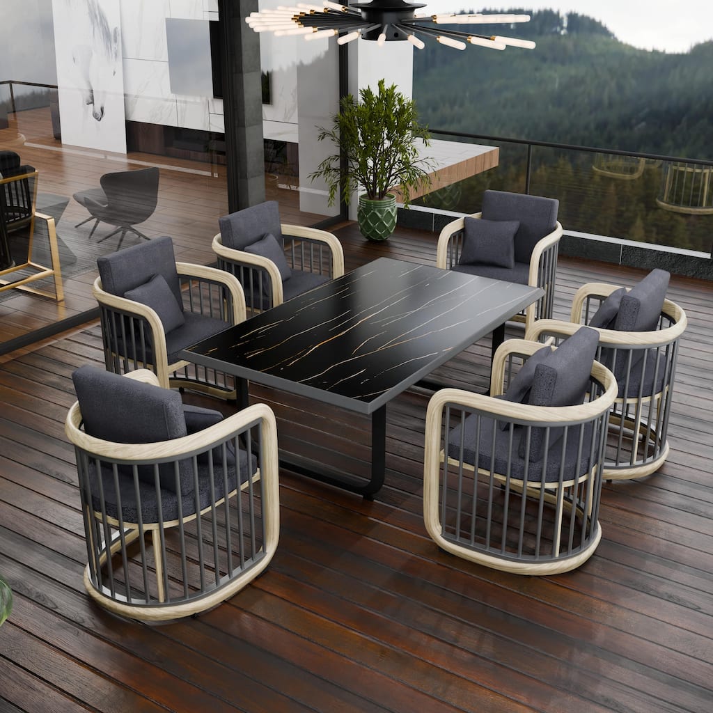 Klyra Outdoor Patio 7-Piece Dining Set Rectangular Dining Table and 6 Dining Arm Chairs in Aluminum with Olefin Cushions