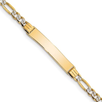 Curata 14k Yellow Gold Polished Engravable Lobster Claw Closure 6 Inch Pave Figaro Link ID for boys or girls bracelet - Lobster