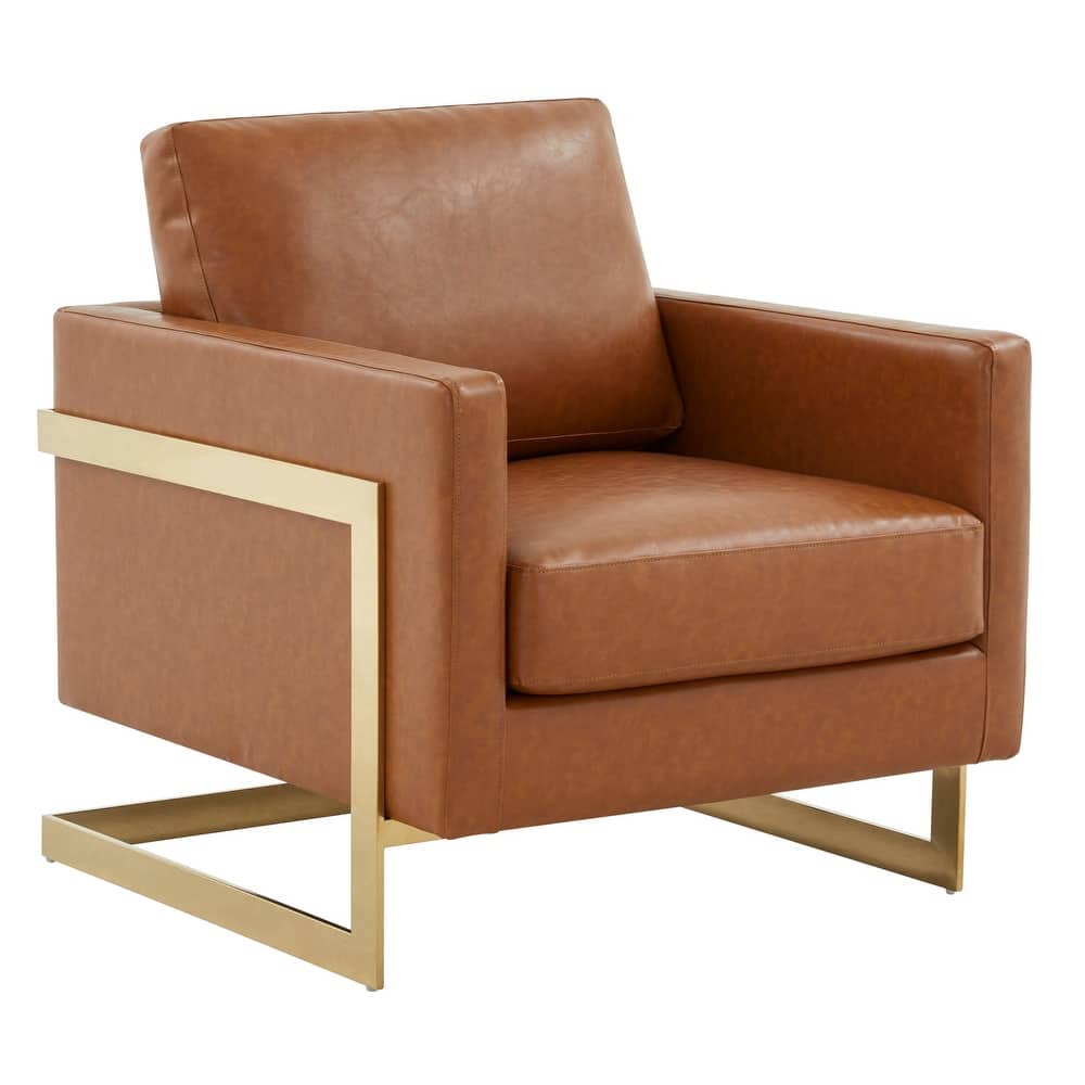 Lincoln Modern Single Seater Leather Upholstered Accent Armchair with Boxy Design & Gold Base Sofa for Living Room and Bedroom