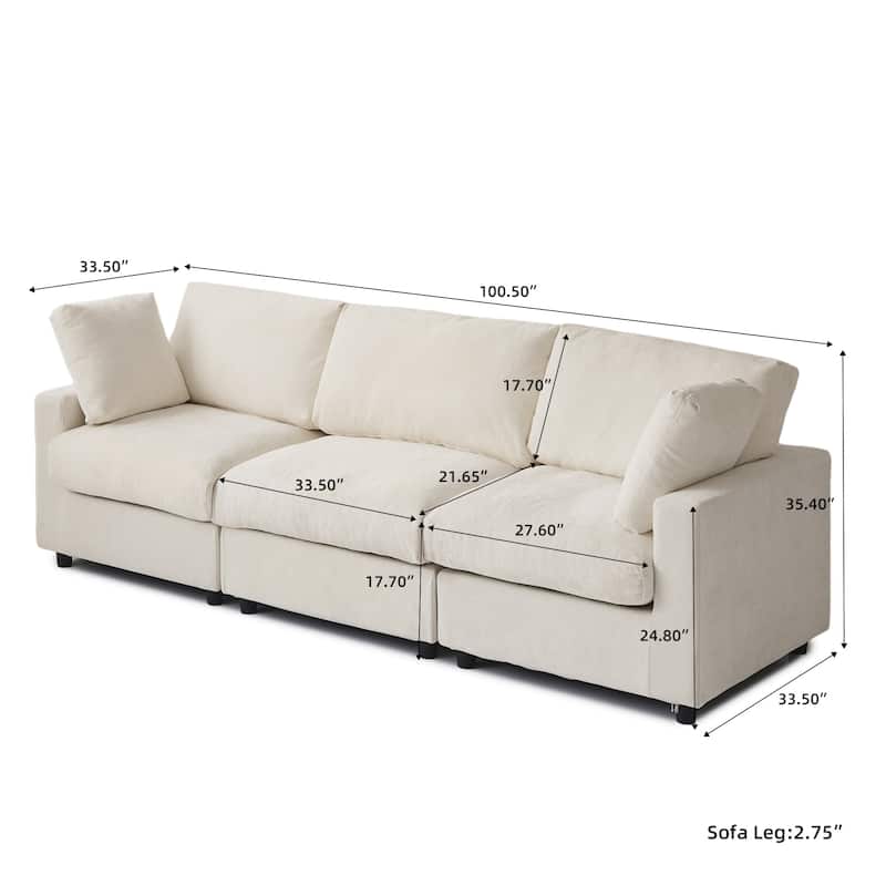 Minimalist 3-Seater Sofa Chenille Upholstered Modular Sectional Couch Removable Cover, Spring Cushions, Solid Wood Frame