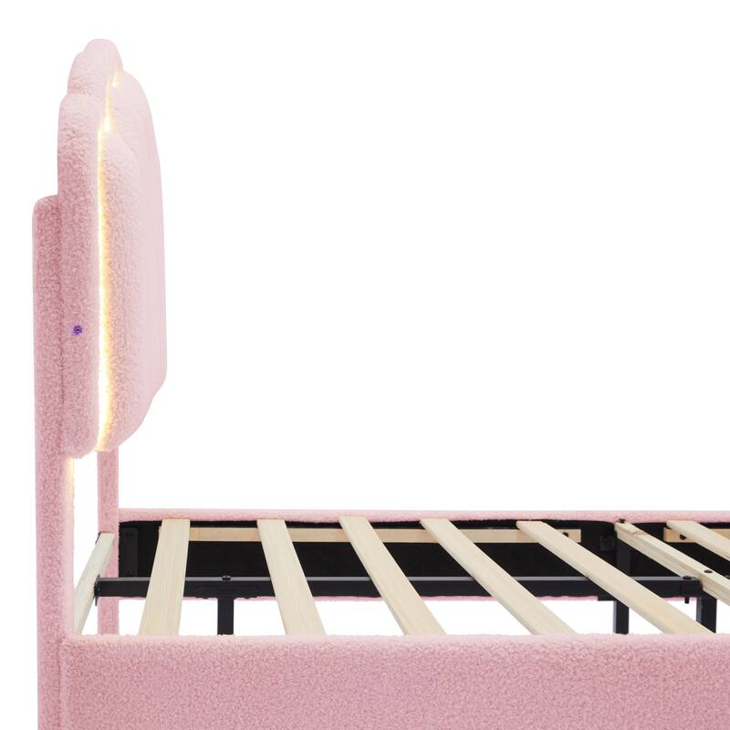 Twin Size Flower-Shape Upholstered Bed with LED Light Strip, Adjustable Headboard, Pink