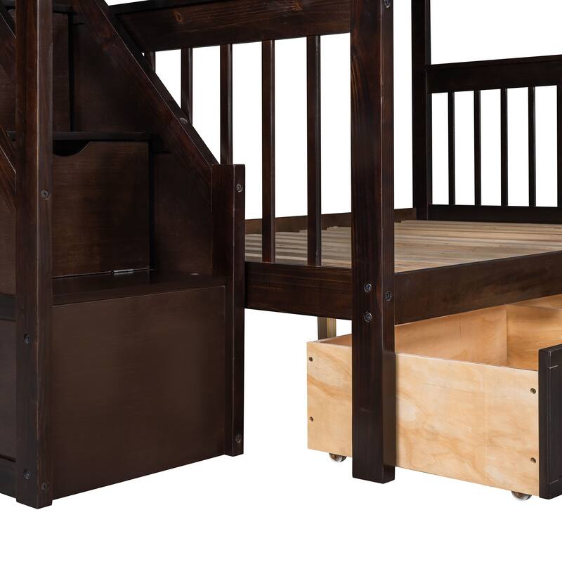 L-Shaped Twin over Full Bunk Bed with Drawers, Ladder, and Staircase in Espresso