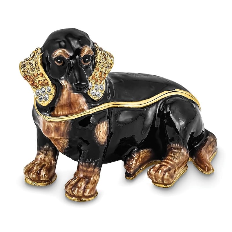 Curata Pewter Bejeweled Crystals Gold-Tone Enameled Regan Dachshund Trinket Box on 18 Inch Necklace