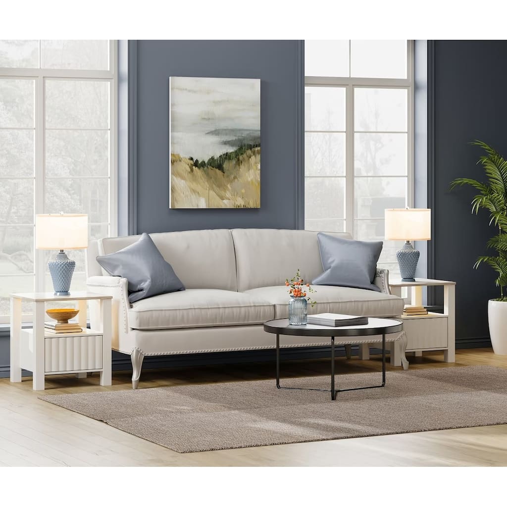 End Side Table with LED Light, White Nightstand with Storage(Set of 2)