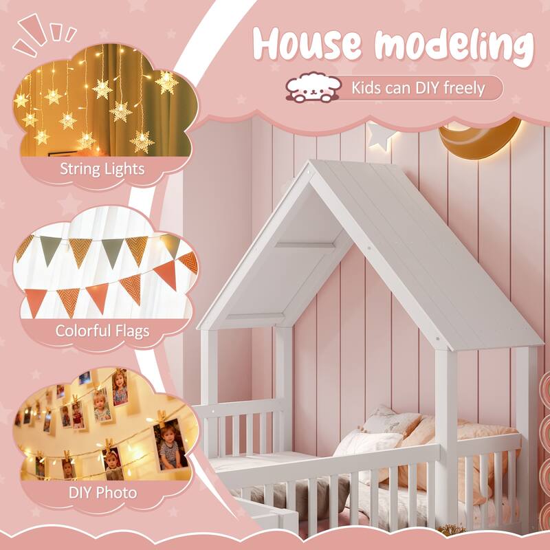 Modern House Floor Bed Frame, Double Floor Beds with Fence and Door