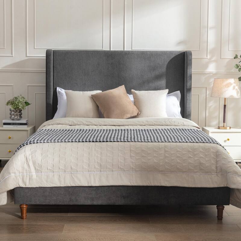 Queen Size Elegant Upholstered Bed with Wingback Headboard,No Box Spring Needed and Easy Assembly - Grey