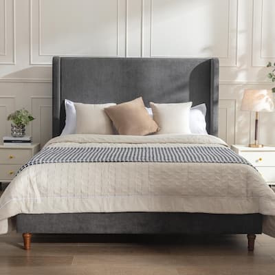 Queen Size Elegant Upholstered Bed with Wingback Headboard,No Box Spring Needed and Easy Assembly
