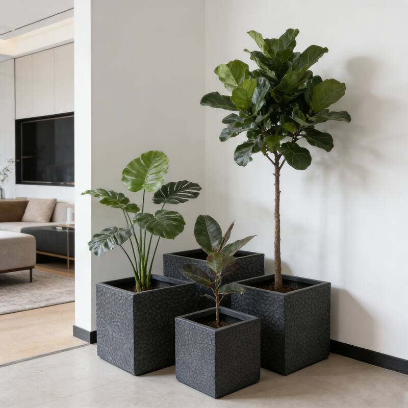 Large Planter, 16.9"+14.37"+11.6" +9.25"Dia Square Magnesium Oxide Planter Set of 4, Flower Pots with Drainage Holes - Grey