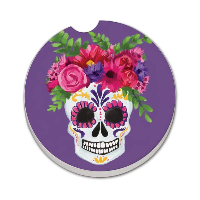 Skull Flowers 2 Pack Absorbent Stone Coaster for Vehicle Cup Holder 2.6” Diameter Manufactured in The USA - Multi