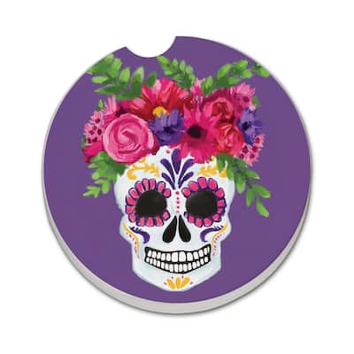 Skull Flowers 2 Pack Absorbent Stone Coaster for Vehicle Cup Holder 2.6” Diameter Manufactured in The USA