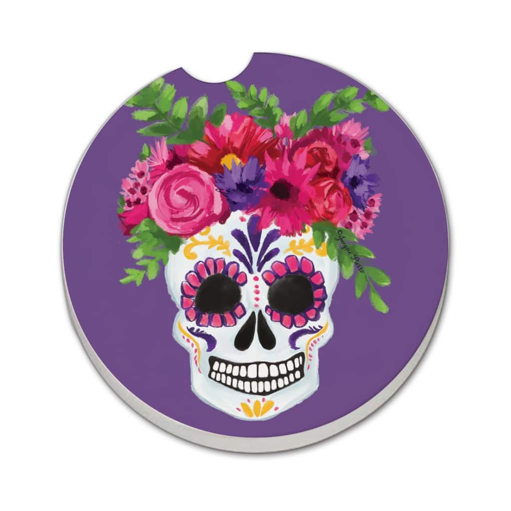 Skull Flowers 2 Pack Absorbent Stone Coaster for Vehicle Cup Holder 2.6” Diameter Manufactured in The USA