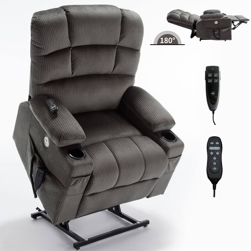 Chenille Power Lift Recliner Chair with 2 Cup Holders, Dual Motor Infinite Position Recliner Sofa with Massage & Heating