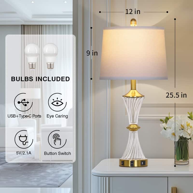 25.5" Gold Brass-Accent Table Lamp with USB-C Charging, Glass Lamp Fixture(Set of 2) - 12'' x 12'' x 25.5''