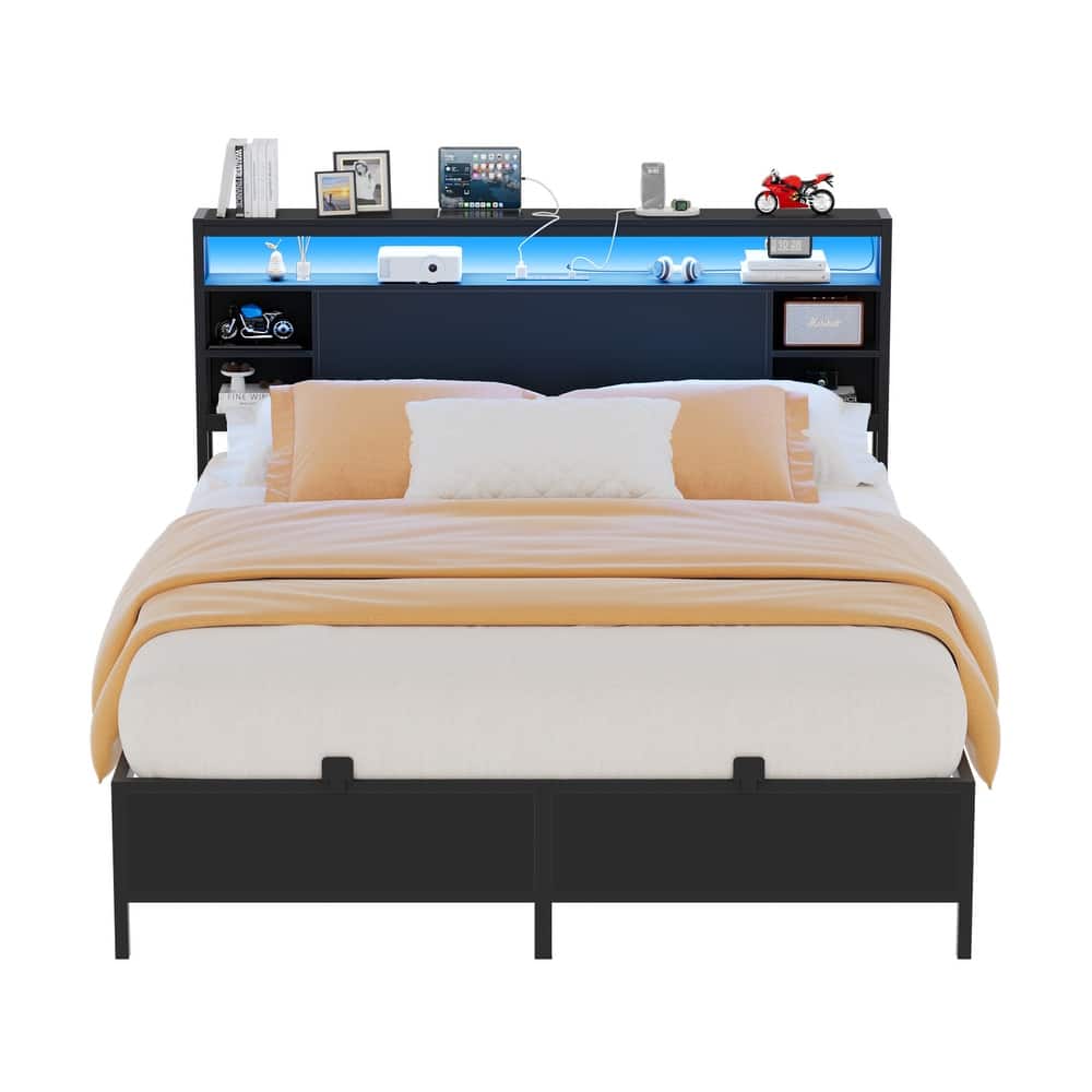 Bed Frame with Charging Station and RGB LED Lights, Sturdy Platform Bed with Storage Headboard,