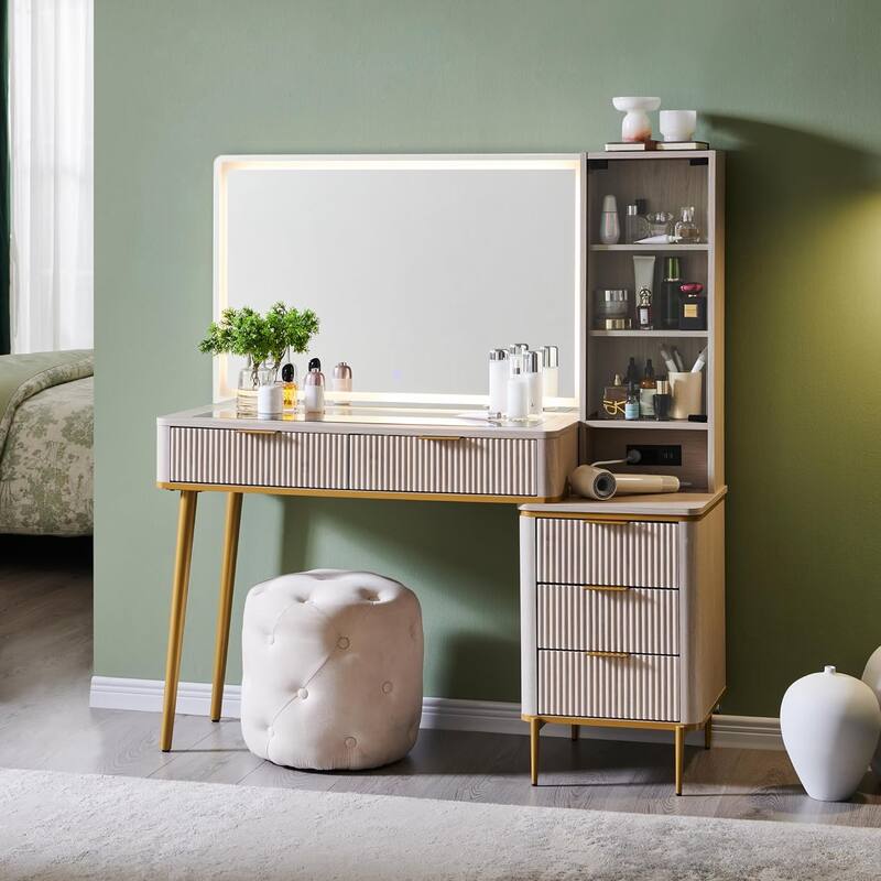 Modern Makeup Vanity Desk with HD Lighted Mirror, Dressing Table - Alder White