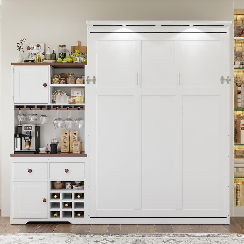 Functional Queen Murphy Bed with Side Cabinet, Wine Storage, and LED Mood Lighting - White - Queen