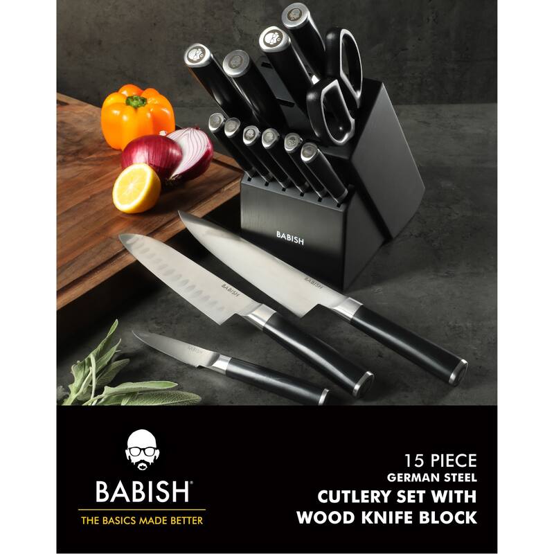 Babish High-Carbon 1.4116 German Steel 15 Piece Full Tang Forged Cutlery Block Set - Black